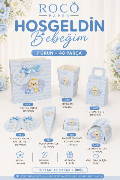 Mavi Ayıcıklı Hoşgeldin Bebeğim Hediyelik Seti, Baby Shower ve Doğum Günü İkram Seti, 7 Ürün - 48 Parça