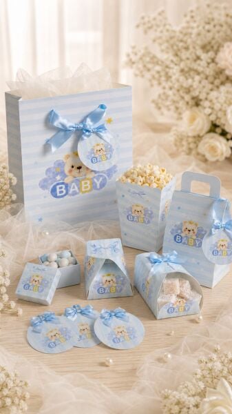 Hoşgeldin Bebeğim Hediyelik Seti, Mavi, Ayıcıklı Baby Shower ve Doğum Günü İkram Seti, 7 Ürün - 48 Parça
