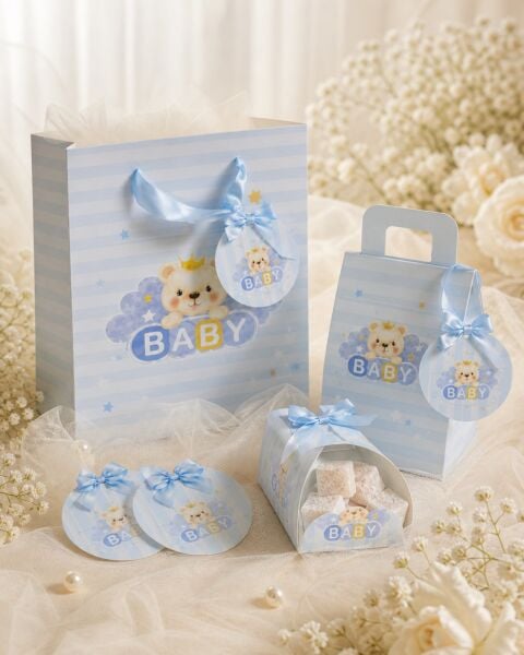 Hoşgeldin Bebeğim Hediyelik Seti, Mavi, Ayıcıklı Baby Shower ve Doğum Günü İkram Seti, 7 Ürün - 48 Parça