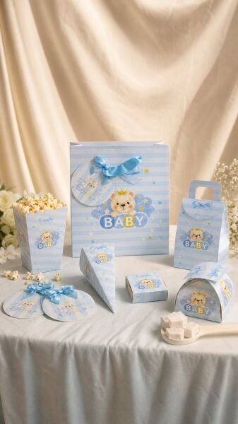 Hoşgeldin Bebeğim Hediyelik Seti, Mavi, Ayıcıklı Baby Shower ve Doğum Günü İkram Seti, 7 Ürün - 48 Parça