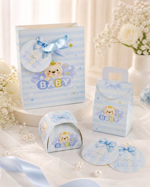 Hoşgeldin Bebeğim Hediyelik Seti, Mavi, Ayıcıklı Baby Shower ve Doğum Günü İkram Seti, 7 Ürün - 48 Parça