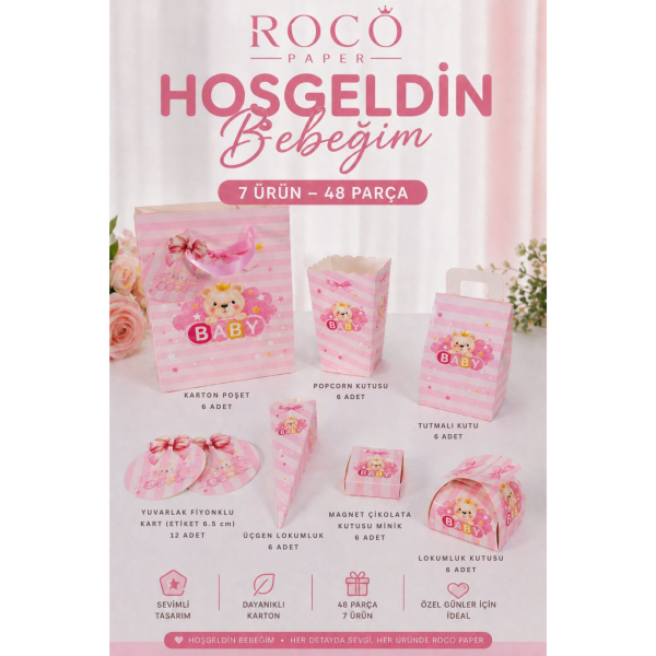 Hoşgeldin Bebeğim Hediyelik Seti, Pembe, Ayıcıklı Baby Shower ve Doğum Günü İkram Seti, 7 Ürün - 48 Parça