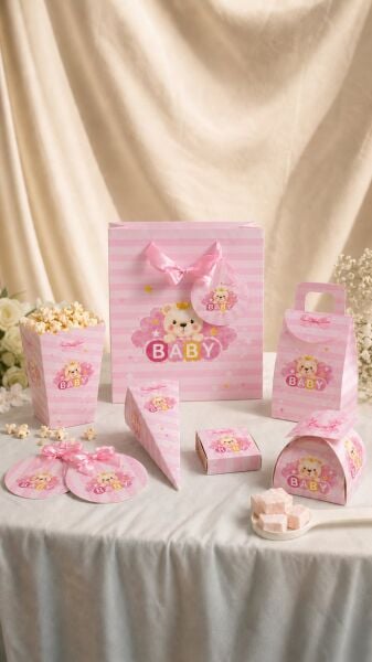 Hoşgeldin Bebeğim Hediyelik Seti, Pembe, Ayıcıklı Baby Shower ve Doğum Günü İkram Seti, 7 Ürün - 48 Parça