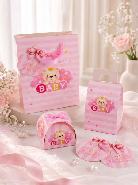 Hoşgeldin Bebeğim Hediyelik Seti, Pembe, Ayıcıklı Baby Shower ve Doğum Günü İkram Seti, 7 Ürün - 48 Parça