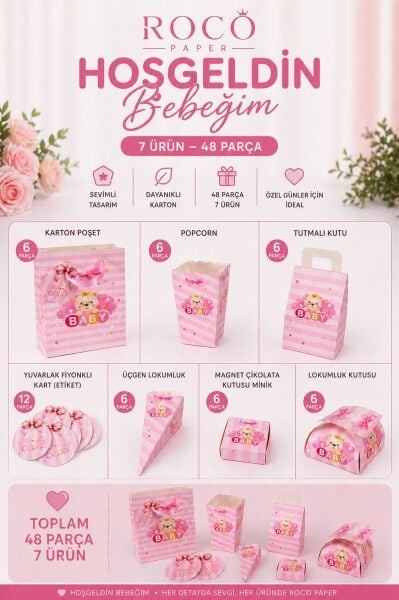 Hoşgeldin Bebeğim Hediyelik Seti, Pembe, Ayıcıklı Baby Shower ve Doğum Günü İkram Seti, 7 Ürün - 48 Parça