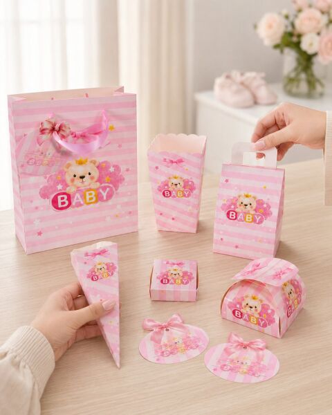 Hoşgeldin Bebeğim Hediyelik Seti, Pembe, Ayıcıklı Baby Shower ve Doğum Günü İkram Seti, 7 Ürün - 48 Parça
