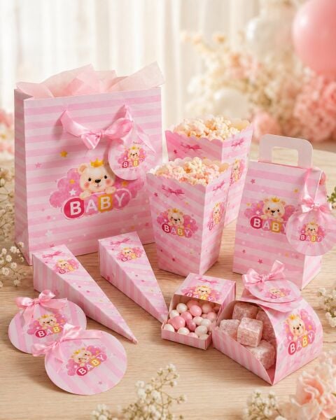 Hoşgeldin Bebeğim Hediyelik Seti, Pembe, Ayıcıklı Baby Shower ve Doğum Günü İkram Seti, 7 Ürün - 48 Parça
