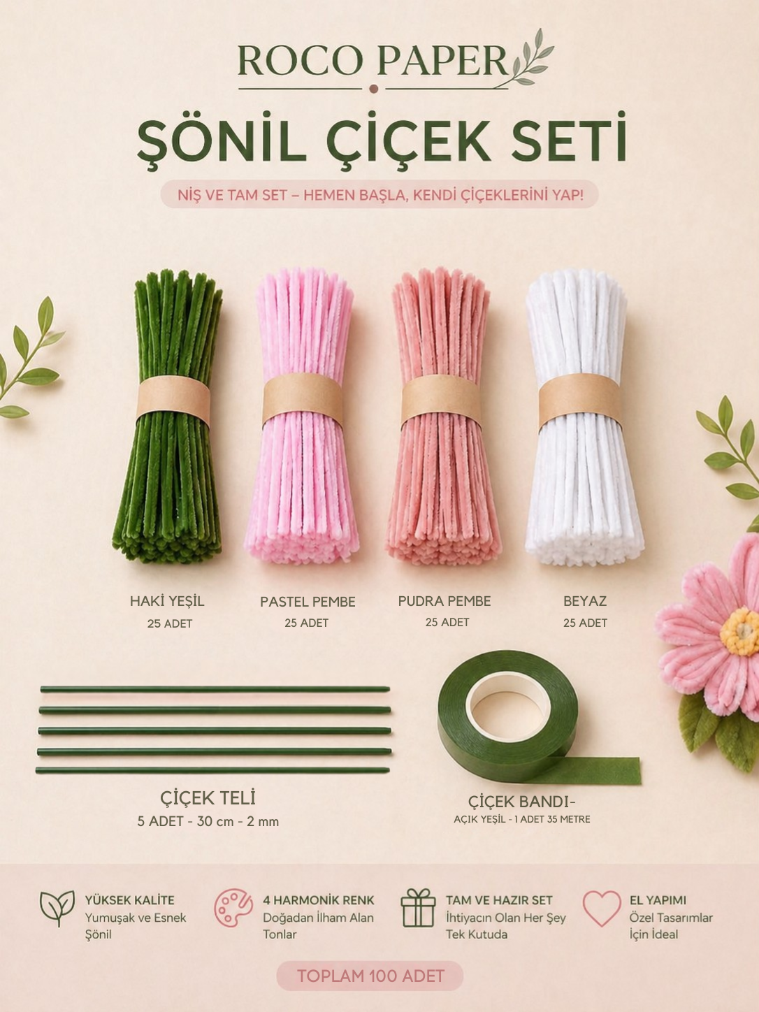 Şönil Çiçek Yapım Seti-100lü, Şönil Tel, Çiçek Teli ve Bant Kiti (Beyaz, Pastel Pembe, Pudra, Haki Yeşil)