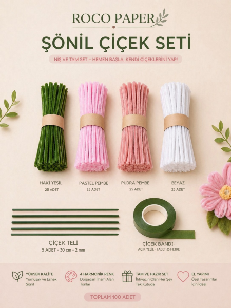 Şönil Çiçek Yapım Seti-100lü, Şönil Tel, Çiçek Teli ve Bant Kiti (Beyaz, Pastel Pembe, Pudra, Haki Yeşil)