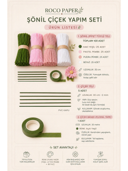 Şönil Çiçek Yapım Seti-100lü, Şönil Tel, Çiçek Teli ve Bant Kiti (Beyaz, Pastel Pembe, Pudra, Haki Yeşil)