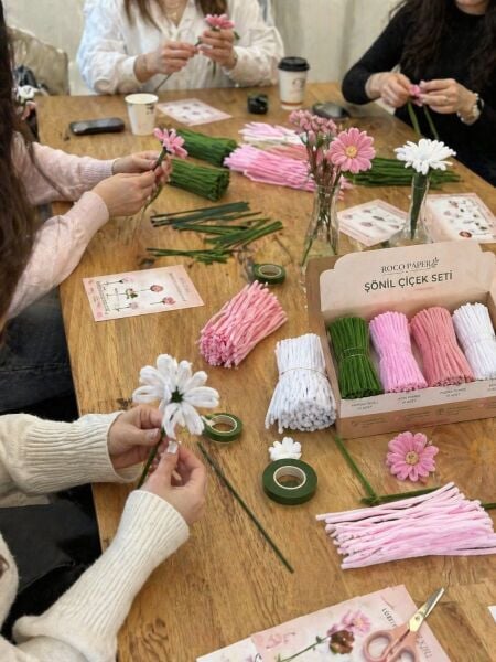 Şönil Çiçek Yapım Seti-100lü, Şönil Tel, Çiçek Teli ve Bant Kiti (Beyaz, Pastel Pembe, Pudra, Haki Yeşil)