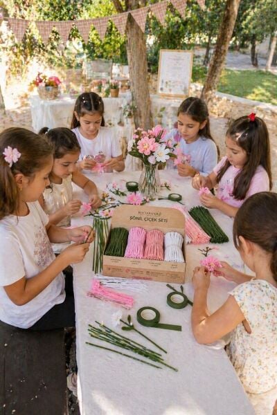 Şönil Çiçek Yapım Seti-100lü, Şönil Tel, Çiçek Teli ve Bant Kiti (Beyaz, Pastel Pembe, Pudra, Haki Yeşil)