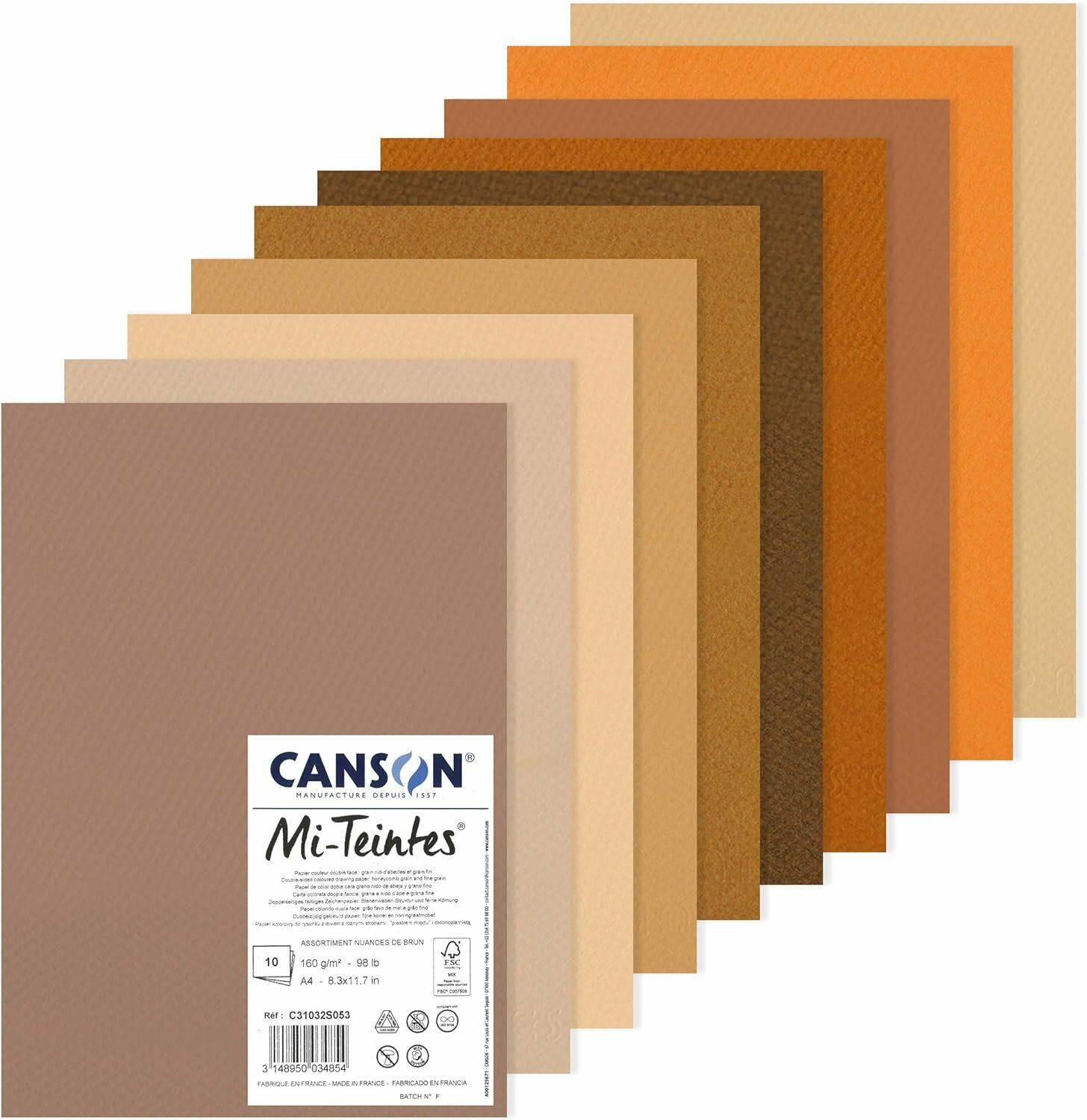 Mi-Teintes 160gr A4 Renkli Çizim Kağıt Petek ve İnce Dokulu 10 Adet Toprak (Brown) Renkler