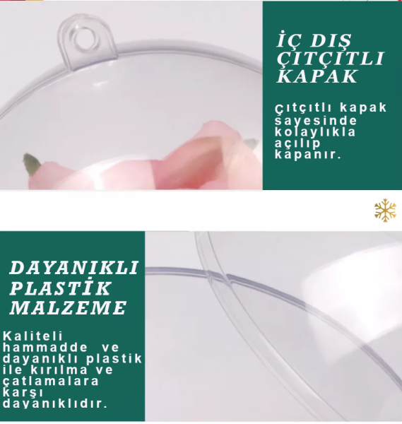 Şeffaf Mika Küre - Yılbaşı Çam Ağacı Süsleri - Asılabilir Plastik Top - 16 Cm