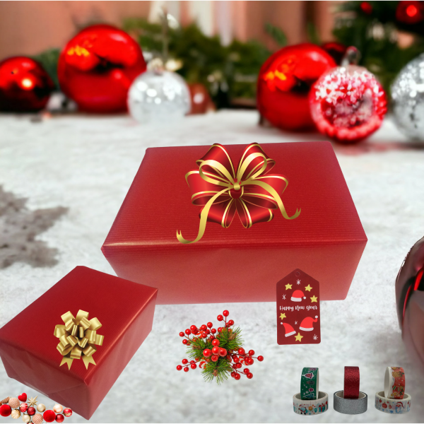 İtalyan Premium Kraft Hediye Paketleme Kağıdı, Paket Ambalaj Kağıdı, No:551, Kraft & Kırmızı - 70x200 cm