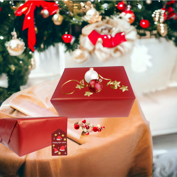 İtalyan Premium Kraft Hediye Paketleme Kağıdı, Paket Ambalaj Kağıdı, No:551, Kraft & Kırmızı - 70x200 cm