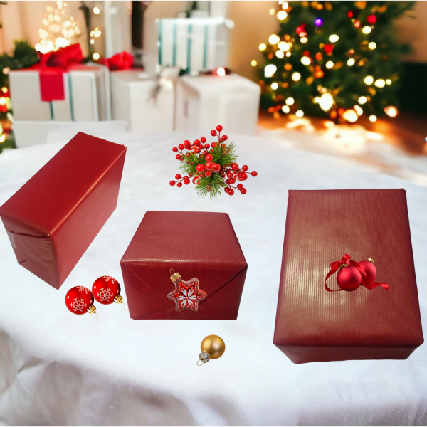 İtalyan Premium Kraft Hediye Paketleme Kağıdı, Paket Ambalaj Kağıdı, No:551, Kraft & Kırmızı - 70x200 cm