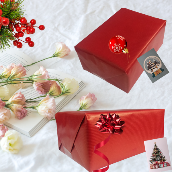 İtalyan Premium Kraft Hediye Paketleme Kağıdı, Paket Ambalaj Kağıdı, No:551, Kraft & Kırmızı - 70x200 cm