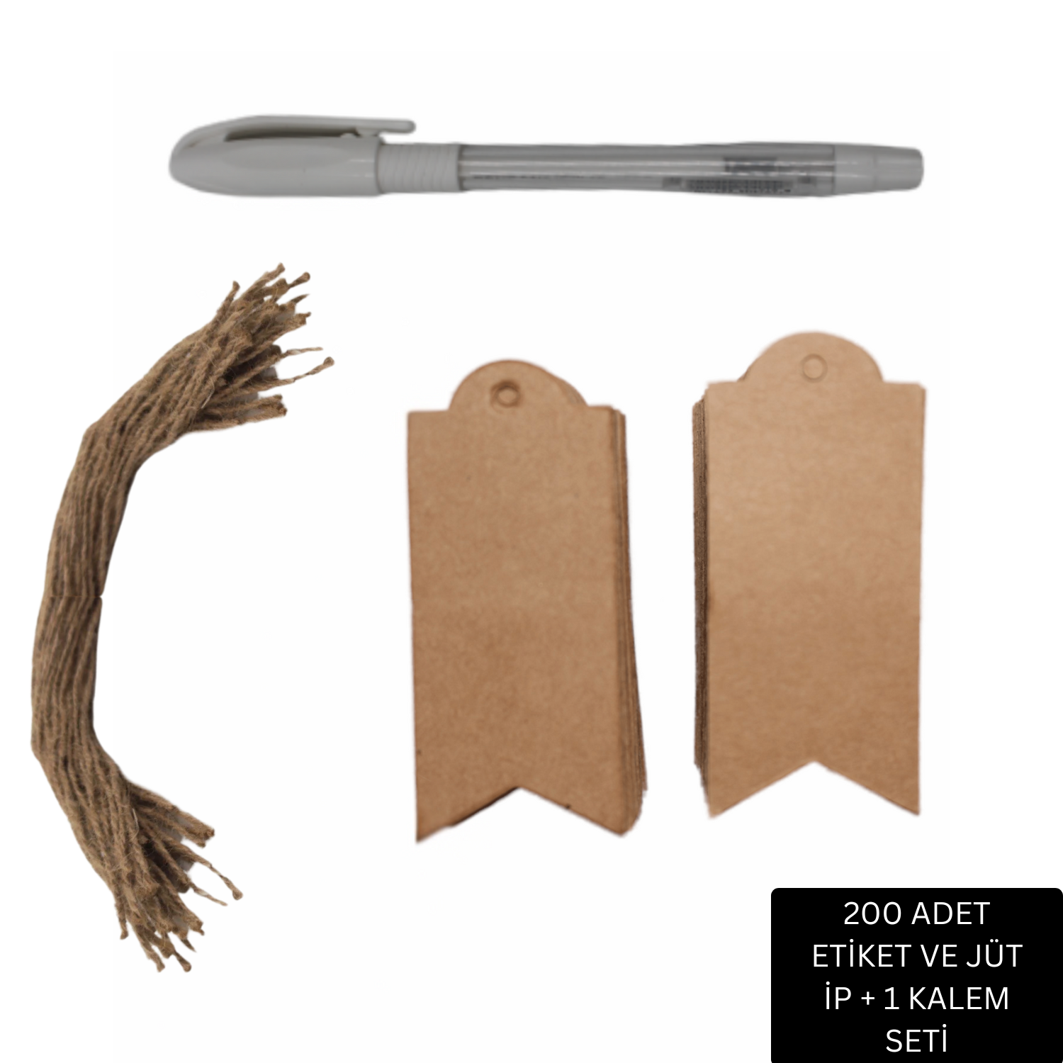 Flama Delikli Kraft Fiyat Etiketi - Kraft Ürün Etiketi &Hasır Jüt İp (20 Cm) Seti- 200 adet, Beyaz Kalem (1 Adet)