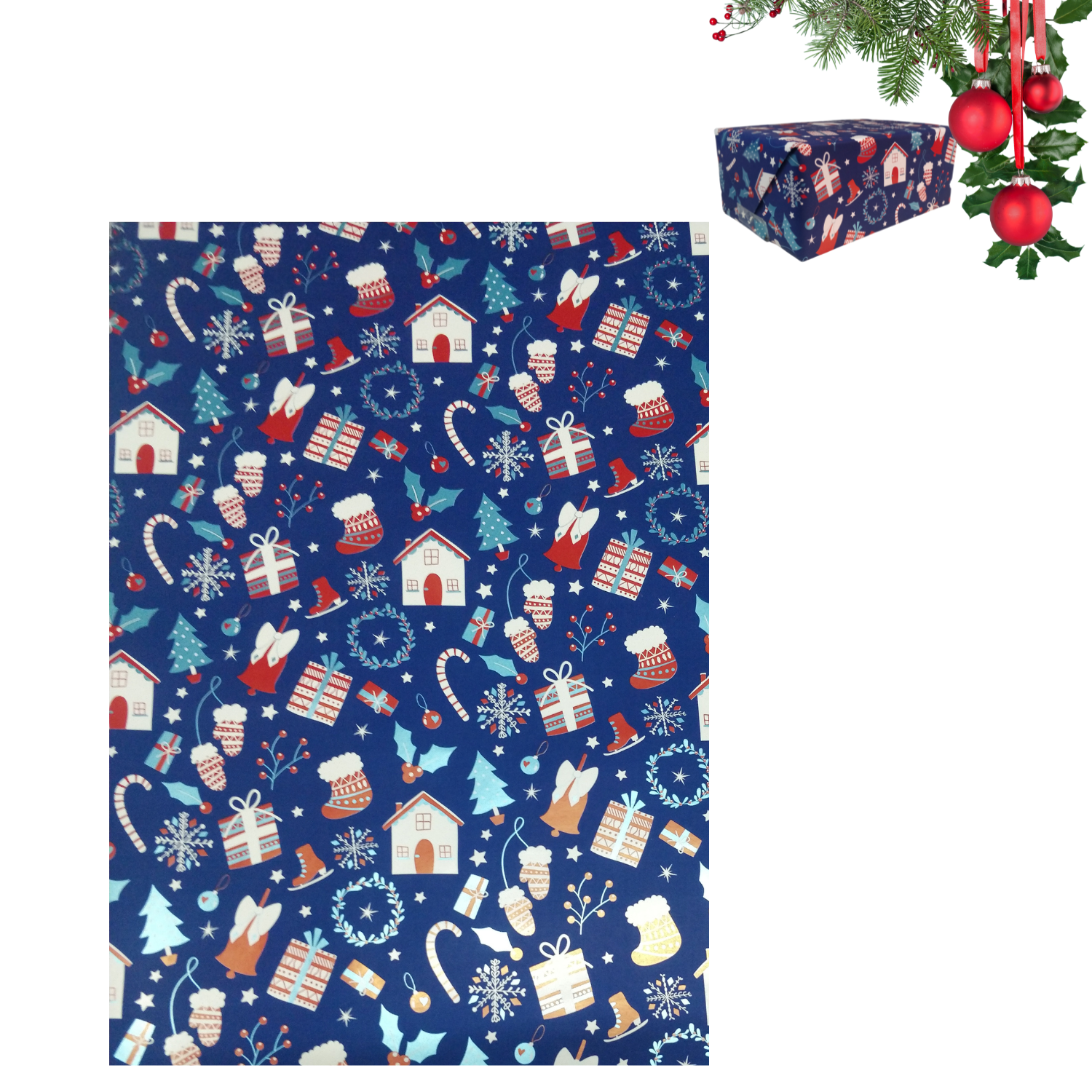 Roco Paper Hediye Paketleme Kağıdı, Yılbaşı Ev, Çam, Noel Desenli Ambalaj Kağıdı, Lacivert, No:375C 70x200 Cm