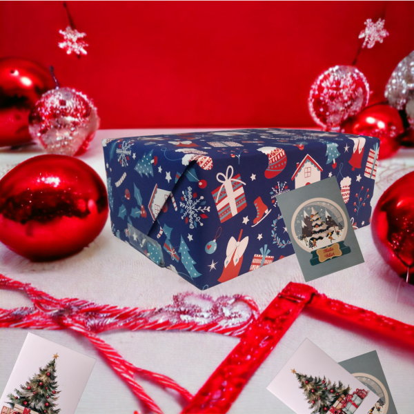 Roco Paper Hediye Paketleme Kağıdı, Yılbaşı Ev, Çam, Noel Desenli Ambalaj Kağıdı, Lacivert, No:375C 70x200 Cm