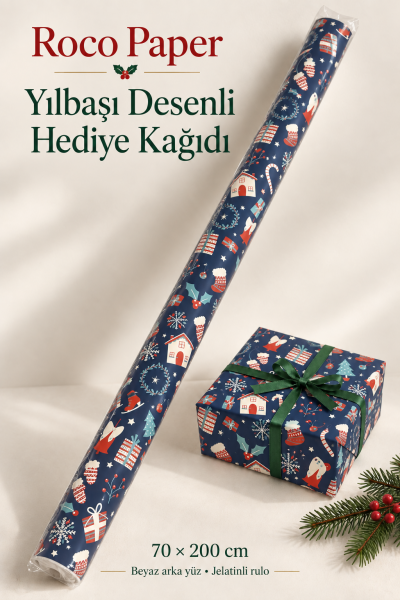 Roco Paper Hediye Paketleme Kağıdı, Yılbaşı Ev, Çam, Noel Desenli Ambalaj Kağıdı, Lacivert, No:375C 70x200 Cm