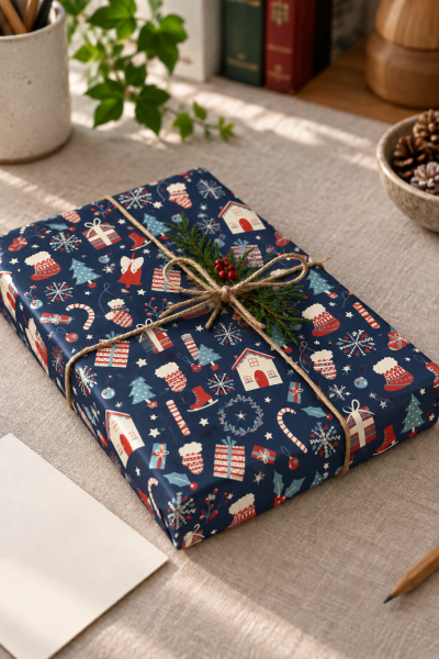 Roco Paper Hediye Paketleme Kağıdı, Yılbaşı Ev, Çam, Noel Desenli Ambalaj Kağıdı, Lacivert, No:375C 70x200 Cm