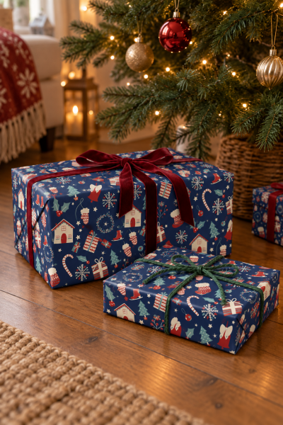 Roco Paper Hediye Paketleme Kağıdı, Yılbaşı Ev, Çam, Noel Desenli Ambalaj Kağıdı, Lacivert, No:375C 70x200 Cm