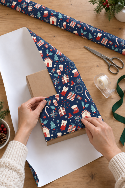 Roco Paper Hediye Paketleme Kağıdı, Yılbaşı Ev, Çam, Noel Desenli Ambalaj Kağıdı, Lacivert, No:375C 70x200 Cm