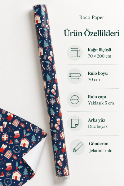 Roco Paper Hediye Paketleme Kağıdı, Yılbaşı Ev, Çam, Noel Desenli Ambalaj Kağıdı, Lacivert, No:375C 70x200 Cm