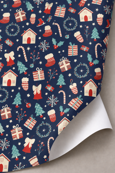 Roco Paper Hediye Paketleme Kağıdı, Yılbaşı Ev, Çam, Noel Desenli Ambalaj Kağıdı, Lacivert, No:375C 70x200 Cm