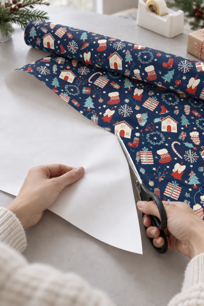 Roco Paper Hediye Paketleme Kağıdı, Yılbaşı Ev, Çam, Noel Desenli Ambalaj Kağıdı, Lacivert, No:375C 70x200 Cm