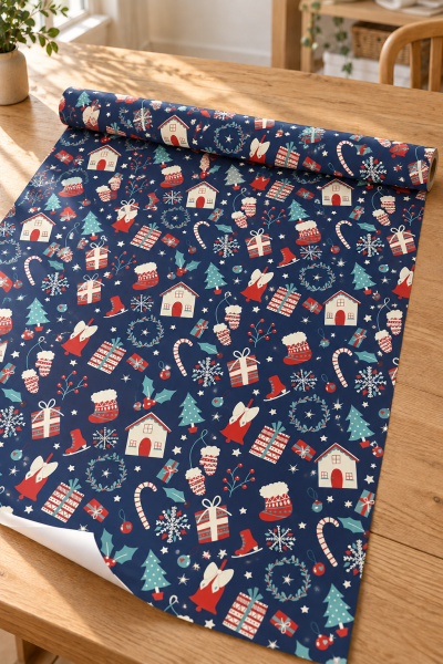Roco Paper Hediye Paketleme Kağıdı, Yılbaşı Ev, Çam, Noel Desenli Ambalaj Kağıdı, Lacivert, No:375C 70x200 Cm