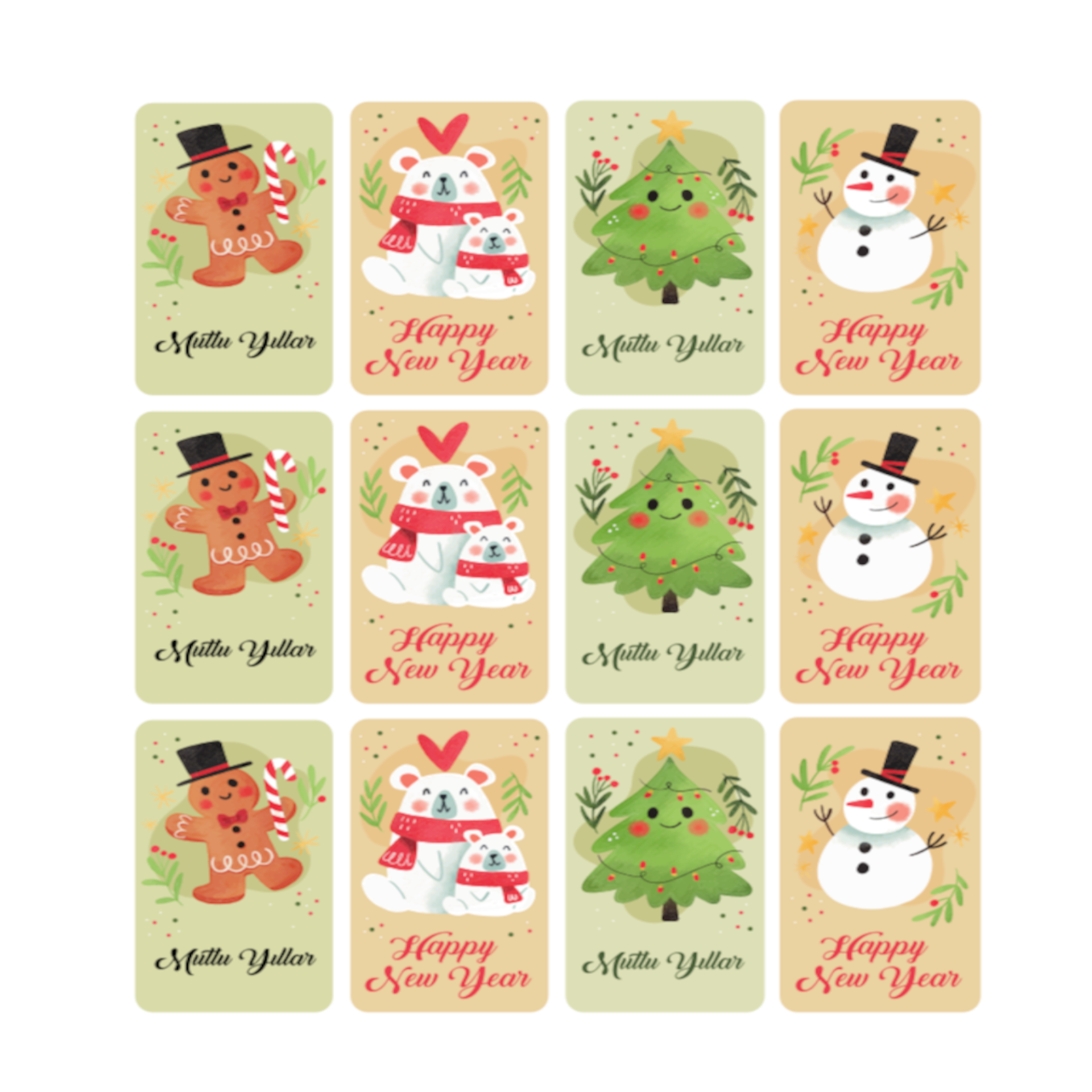 Yılbaşı Sticker - 12 Adet - Yılbaşı Duvar, Cam, Hediye Kutusu Sticker - 3.5x6 Cm, - F1