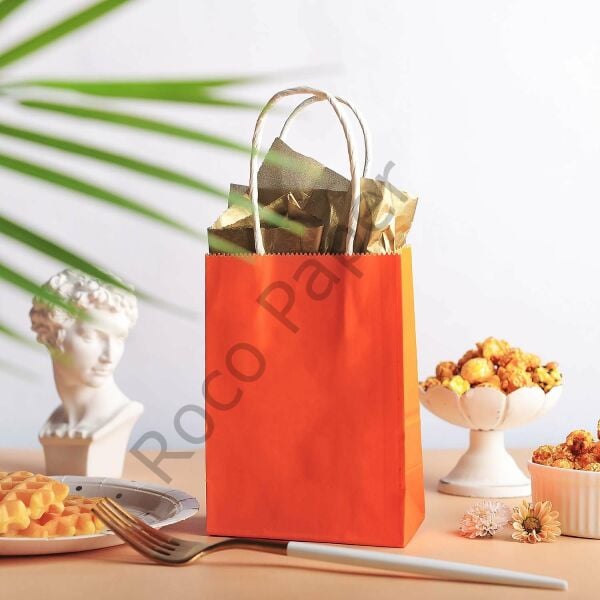 Roco Paper Büküm Saplı Kağıt Hediye&Alışveriş Çantası, Turuncu - 12x15x6 cm 25 Adet