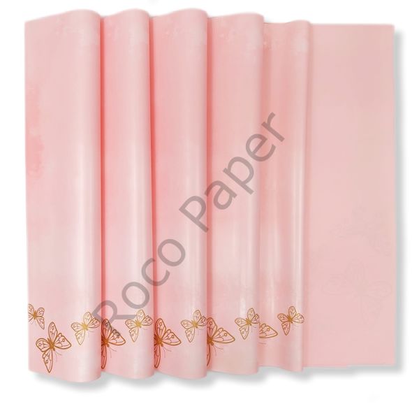 Çiçek Buket Kağıdı - Çiçek Ambalaj Kağıdı - Pembe - Altın Kelebekli - 5 Adet - Mat Opp 58x58 Cm