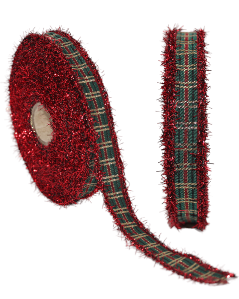 Ekose Desenli Simli Kurdele - Yılbaşı Saçaklı Kurdele - Kırmızı 16mm x 10m 16136