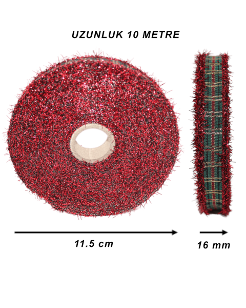 Ekose Desenli Simli Kurdele - Yılbaşı Saçaklı Kurdele - Kırmızı 16mm x 10m 16136
