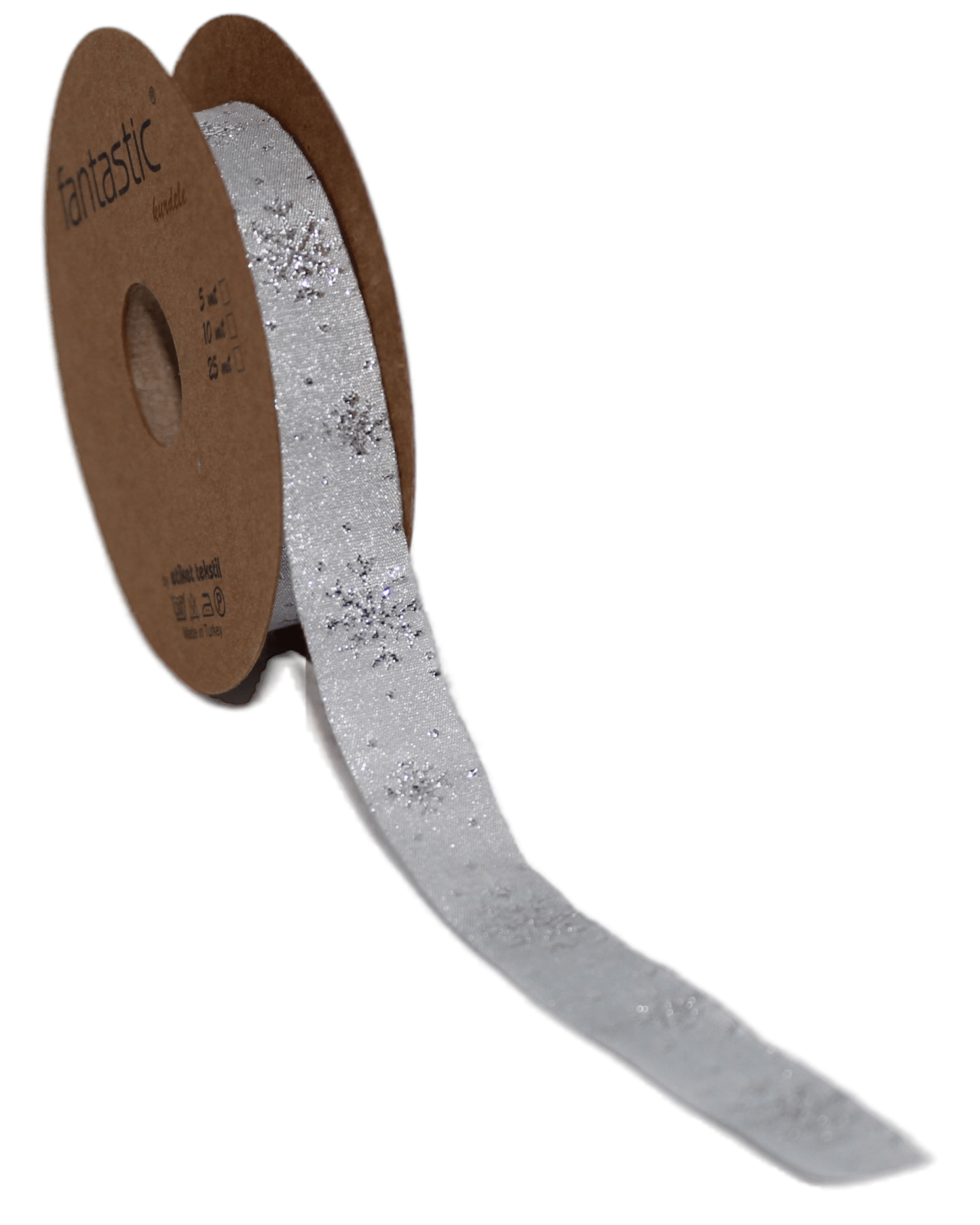 Kar Tanesi Desenli Simli Kurdele - Yılbaşı Kurdele - Gümüş 16mm x 10m 16480