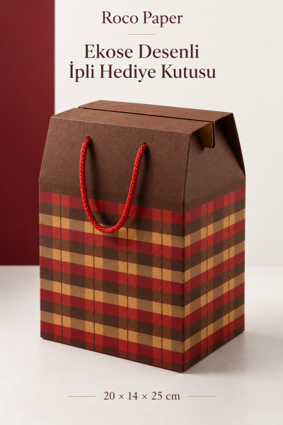 İpli Kapaklı Kutu Çanta 20x25x14 cm 6'lı Paket Ekose Desenli Kraft