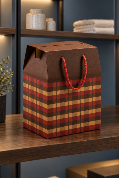 İpli Kapaklı Kutu Çanta 20x25x14 cm 6'lı Paket Ekose Desenli Kraft
