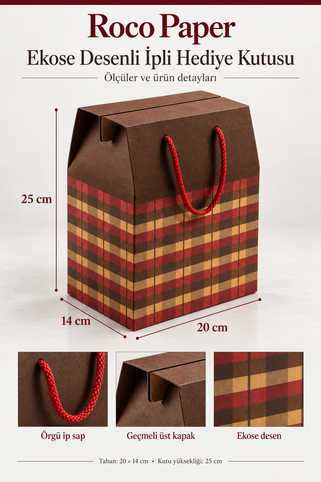 İpli Kapaklı Kutu Çanta 20x25x14 cm 6'lı Paket Ekose Desenli Kraft