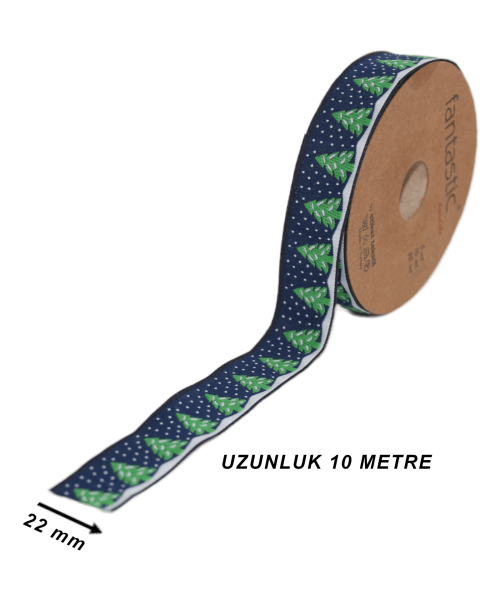 Çam Ağacı Desenli Kurdele - Yılbaşı Kurdele - Lacivert 22mm X 10m 22482