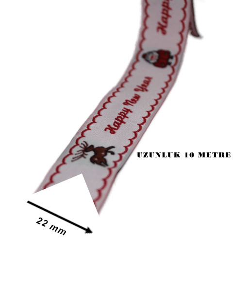 Desenli Yılbaşı Kurdele - Happy New Year Beyaz 22mm x 10m 22483