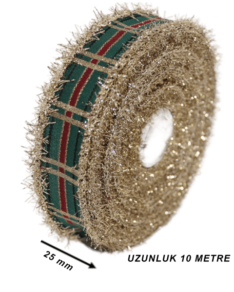 Ekose Desenli Simli Kurdele - Yılbaşı Saçaklı Kurdele - Altın 25mm x 10m 25136