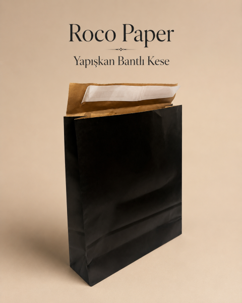 Roco Paper Bantlı Hediye Zarfı 25x30x8 cm Kese  - Siyah 24'lü Paket