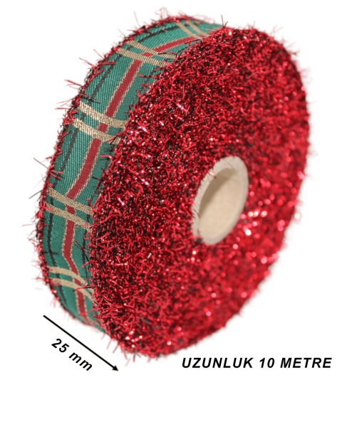 Ekose Desenli Simli Kurdele - Yılbaşı Saçaklı Kurdele - Kırmızı 25mm x 10m 25136
