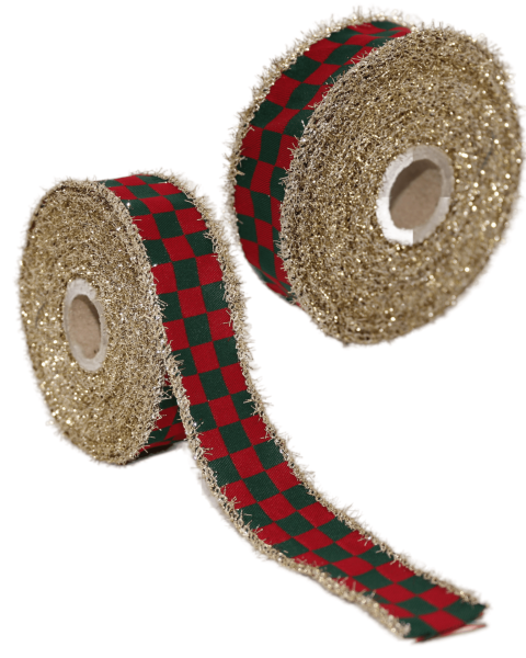 Damalı Desenli Simli Kurdele - Yılbaşı Saçaklı Kurdele - Kırmızı Yeşil 30mm x 10m 30320