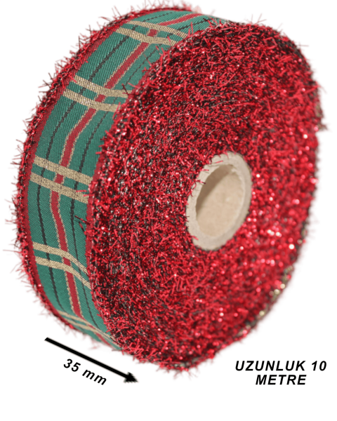 Ekose Desenli Simli Kurdele - Yılbaşı Saçaklı Kurdele - Kırmızı 35mm x 10m 35136