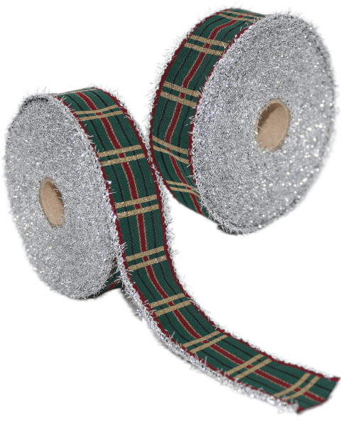 Ekose Desenli Simli Kurdele - Yılbaşı Saçaklı Kurdele - Gümüş 35mm x 10m 35136